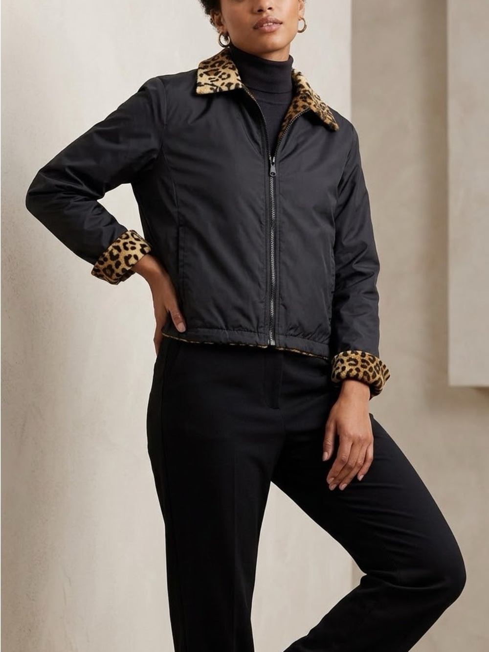Black Jacket with Leopard Trim - Women's Zip Front Coat/reversable